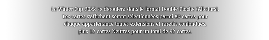 La Winter Cup 2022 se déroulera dans le format Double Pioche (All-stars).
Les cartes s'affichant seront sélectionnées parmi 80 cartes pour chaque appartenance toutes extensions et raretés confondues, plus 12 cartes Neutres pour un total de 92 cartes.