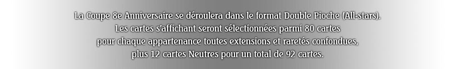 La Coupe 8e Anniversaire se déroulera dans le format Double Pioche (All-stars).
Les cartes s'affichant seront sélectionnées parmi 80 cartes pour chaque appartenance toutes extensions et raretés confondues, plus 12 cartes Neutres pour un total de 92 cartes.